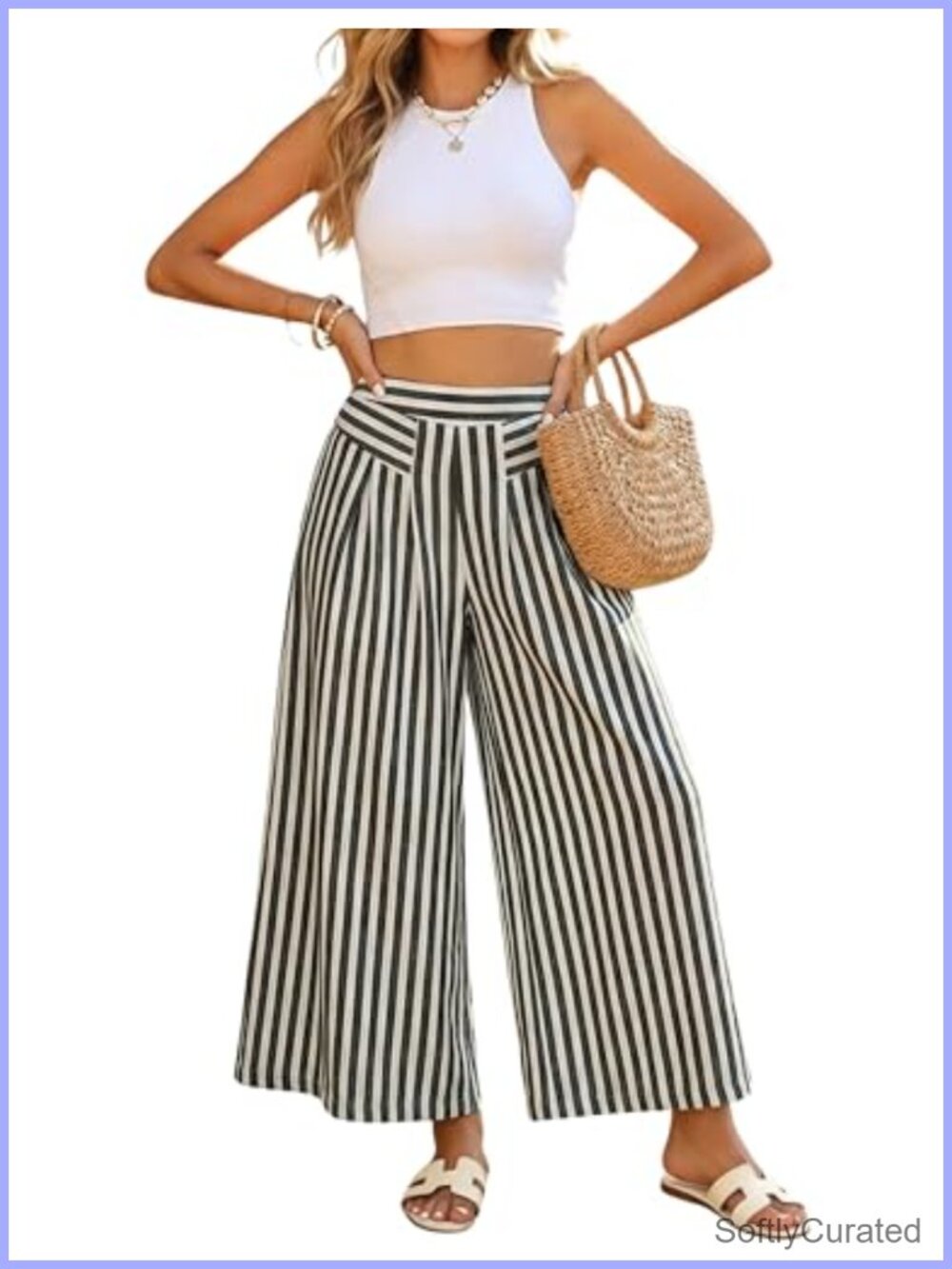 Hooever Women's Stripe Wide Leg Culotte Pants High Waisted Palazzo with Pockets